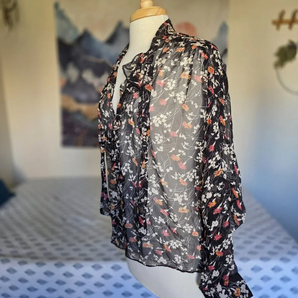 Joie Black Pink Silk Sheer Floral Ruffle Tie Neck Blouse Size M Boho Romantic - Picture 9 of 14